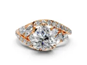 Halo Engagement Ring Setting for Heart-Shaped Center with Marquise and Pave Bypass Band and Prong Head in Rose Gold