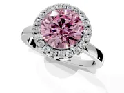 Halo Engagement Ring Setting for Fancy Pink Round Cut Center with Thin Plain Band and Prong Head in White Gold