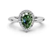 Halo Engagement Ring Setting for Fancy Green Pear-Shaped Center with Tapered Plain Band and Prong Head in Sterling Silver