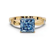 Solitaire Engagement Ring Setting for Fancy Blue Princess Cut Center with Carved Leaf Shoulders and Prong Head in Yellow Gold