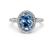 Halo Engagement Ring Setting for Fancy Blue Oval Center with Pave Accents, Heart Basket and Prong Head in Platinum