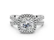 Halo Engagement Ring Setting for Cushion Cut Center with Double Pave Split Shank and Prong Head in Sterling Silver