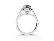 Halo Engagement Ring Setting for Fancy Green Oval Center with Outer Bezel Rim, Pave Band and Prong Head in Sterling Silver