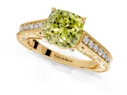 Solitaire Engagement Ring Setting for Fancy Yellow Cushion Cut Center with Engraved Pave Band and Prong Head in Yellow Gold
