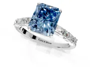 Baguette Engagement Ring Setting for Fancy Blue Radiant Cut Center with Alternating Bar-Set Band and Prong Head in White Gold