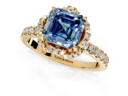 Floral Halo Engagement Ring Setting for Fancy Blue Asscher Cut Center with Pave Band and Prong Head in Yellow Gold