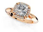 Halo Engagement Ring Setting for Cushion Cut Center with Tapered Plain Band and Prong Head in Rose Gold