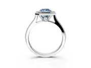 Halo Engagement Ring Setting for Fancy Blue Radiant Cut Center with Milgrain Pave Band and Bezel Head in White Gold