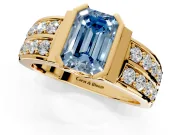 Bezel Engagement Ring Setting for Fancy Blue Emerald Cut Center with Wide Channel-Set Band and Bezel Head in Yellow Gold