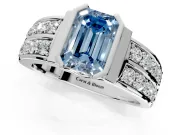 Bezel Engagement Ring Setting for Fancy Blue Emerald Cut Center with Wide Channel-Set Band and Bezel Head in Platinum