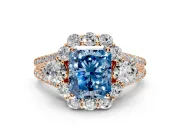 Halo Engagement Ring Setting for Fancy Blue Radiant Cut Center with Two-Strand Split Shank and Prong Head in Rose Gold