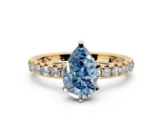 Solitaire Engagement Ring Setting for Fancy Blue Pear-Shaped Center with Shared-Prong Accents and Prong Head in Yellow Gold