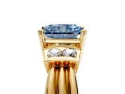 Solitaire Engagement Ring Setting for Fancy Blue Radiant Cut Center with Grooved Bar Accent Band and Prong Head in Yellow Gold