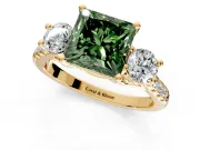 3 Stone Engagement Ring Setting for Fancy Green Princess Cut Center with Crossover Basket, Pave Band and Prong Head in Yellow Gold