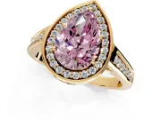 Halo Engagement Ring Setting for Fancy Pink Pear-Shaped Center with Outer Bezel Rim, Pave Band and Prong Head in Yellow Gold