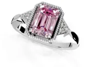Cluster Engagement Ring Setting for Fancy Pink Emerald Cut Center with Milgrain Shoulder Clusters and Prong Head in Platinum