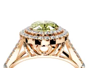 Double Halo Engagement Ring Setting for Fancy Yellow Oval Center with Narrow Pave Split Shank and Prong Head in Rose Gold
