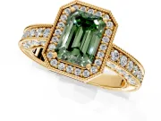 Milgrain Halo Engagement Ring Setting for Fancy Green Emerald Cut Center with Wide Pave Band and Prong Head in Yellow Gold