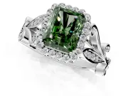 Halo Engagement Ring Setting for Fancy Green Radiant Cut Center with Leaf Motif Split Shank and Prong Head in Platinum
