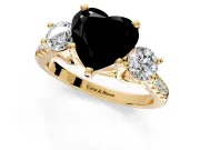 3 Stone Engagement Ring Setting for Fancy Black Heart-Shaped Center with Crossover Basket, Pave Band and Prong Head in Yellow Gold