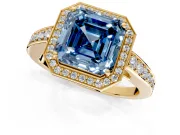 Bezel-Framed Halo Engagement Ring Setting for Fancy Blue Asscher Cut Center with Pave Band and Prong Head in Yellow Gold