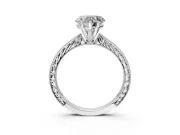 Solitaire Engagement Ring Setting for Heart-Shaped Center with Engraved Milgrain Band and Prong Head in Sterling Silver