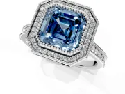 Halo Engagement Ring Setting for Fancy Blue Asscher Cut Center with Milgrain Pave Band and Bezel Head in Platinum