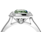 Halo Engagement Ring Setting for Fancy Green Radiant Cut Center with Milgrain Pave Band and Bezel Head in White Gold