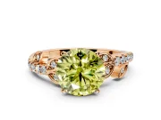 Leaf Motif Engagement Ring Setting for Fancy Yellow Round Cut Center with Pave Band and Prong Head in Rose Gold