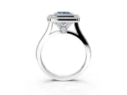 Halo Engagement Ring Setting for Fancy Blue Princess Cut Center with Milgrain Frame, Pave Band and Prong Head in Platinum