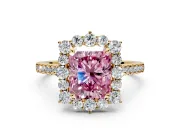 Halo Engagement Ring Setting for Fancy Pink Radiant Cut Center with Single-Row Pave, Open Basket and Prong Head in Yellow Gold