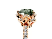 Halo Engagement Ring Setting for Fancy Green Heart-Shaped Center with Openwork Halo, Pave Band and Prong Head in Rose Gold