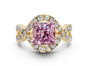 Halo Engagement Ring Setting for Fancy Pink Princess Cut Center with Pave Infinity Twist Band and Prong Head in Yellow Gold