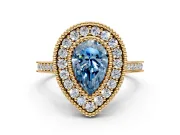 Halo Engagement Ring Setting for Fancy Blue Pear-Shaped Center with Milgrain Frame, Pave Band and Prong Head in Yellow Gold