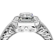 Milgrain Halo Engagement Ring Setting for Emerald Cut Center with Pave Band and Prong Head in White Gold