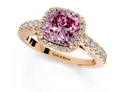 Halo Engagement Ring Setting for Fancy Pink Cushion Cut Center with Full Pave Band and Prong Head in Rose Gold
