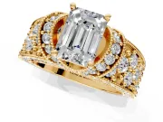 Pave Engagement Ring Setting for Emerald Cut Center with Curved Accent Rows, Openwork and Prong Head in Yellow Gold