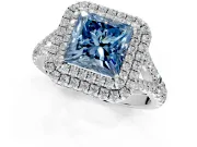 Double Halo Engagement Ring Setting for Fancy Blue Princess Cut Center with Narrow Pave Split Shank and Prong Head in Platinum