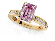 Solitaire Engagement Ring Setting for Fancy Pink Emerald Cut Center with Milgrain-Edged Pave Band and Prong Head in Yellow Gold