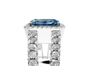 Halo Engagement Ring Setting for Fancy Blue Emerald Cut Center with Wide-Open Pave Split Shank and Prong Head in Platinum