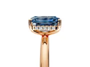 Hidden Halo Engagement Ring Setting for Fancy Blue Emerald Cut Center with Thin Round-Wire Band and Prong Head in Rose Gold
