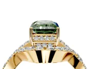 Halo Engagement Ring Setting for Fancy Green Radiant Cut Center with Pave Infinity Twist Band and Prong Head in Yellow Gold