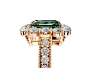 Halo Engagement Ring Setting for Fancy Green Emerald Cut Center with Milgrain Channel Band and Prong Head in Rose Gold