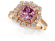 Milgrain Halo Engagement Ring Setting for Fancy Pink Cushion Cut Center with Bezel Point Accents and Prong Head in Rose Gold