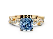Solitaire Engagement Ring Setting for Fancy Blue Cushion Cut Center with Bar-Station Pave Twist and Prong Head in Yellow Gold