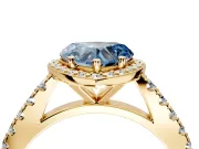 Halo Engagement Ring Setting for Fancy Blue Heart-Shaped Center with Full Pave Band and Prong Head in Yellow Gold