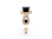 Halo Engagement Ring Setting for Fancy Blue Emerald Cut Center with Pave Infinity Twist Band and Prong Head in Rose Gold