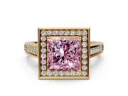 Halo Engagement Ring Setting for Fancy Pink Princess Cut Center with Outer Bezel Rim, Pave Band and Prong Head in Yellow Gold