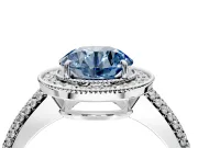 Milgrain Halo Engagement Ring Setting for Fancy Blue Round Cut Center with Three-Sided Pave Band and Prong Head in Sterling Silver