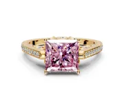 Cathedral Engagement Ring Setting for Fancy Pink Princess Cut Center with Antique-Style Pave Band and Prong Head in Yellow Gold